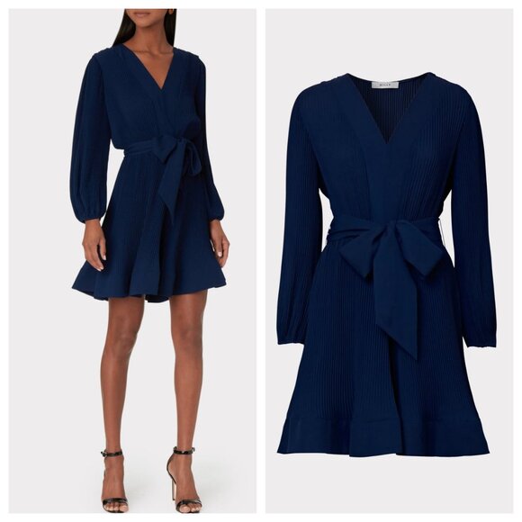 Milly Liv Belted Pleated Dress in Navy - Picture 3 of 5